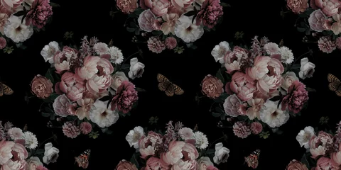 Fototapete Schwarz Luxuriöses nahtloses Muster des barocken und viktorianischen Blumenstraußes. Schöne Gartenblumen und -schmetterling auf schwarzem Hintergrund. Rosa und weiße Pfingstrosen, Rosen. Werbemittel für Blumenschmuck