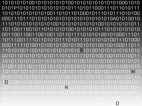 Digital world. Binary code with zeros and ones on a computer screen. Virtual reality. Inserting malware in computer program.