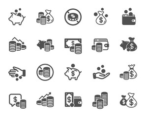 Coins simple icons. Cash money, Donation coins, Give tips icons. Piggy bank, Business income, Loan. Money savings, give coin, cash tips. Investment profit, growth chart, financial crisis. Vector