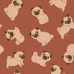 Seamless pattern with cute pugs on a red background. Vector graphics.