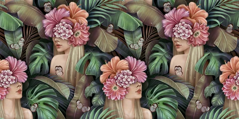 Behang Tropische print Tropisch naadloos patroon met mooie blonde vrouwen, boeketten van hibiscus, plumeria, cactusbloemen, monstera, palm, bananenbladeren, vlinders. Handgetekende vintage 3D-illustratie voor lux-achtergronden