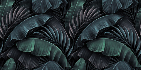 Tropisches exotisches nahtloses Muster mit Bananenblättern der Neonlichtfarbe, Palme auf dunklem Hintergrund der Nacht. Premium handgezeichnete strukturierte Vintage 3D-Illustration. Gut für Luxustapeten, Stoffdruck