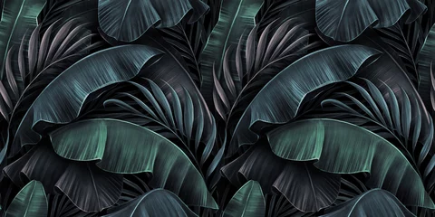 Wallpaper murals Tropical set 1 Tropical exotic seamless pattern with neon light color banana leaves, palm on night dark background. Premium hand-drawn textured vintage 3D illustration. Good for luxury wallpapers, fabric printing