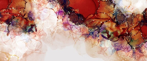 Luxury alcohol ink background with coloured elements, fluid art wallpaper, hand drawn painting for print, abstract texture with gold glitter