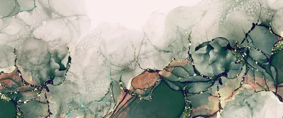 Foto auf Acrylglas Luxuriöser Alkoholtintenhintergrund mit roségoldenen Designelementen, moderne flüssige Kunsttextur, handgezeichnete Malereitapete © phillipes