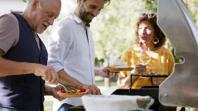 Family having a garden party, father with son barbecuing.
