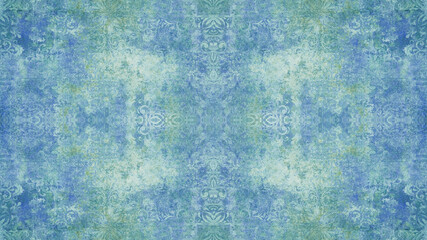 Old blue green vintage shabby patchwork damask ornate motif tiles stone concrete cement wall wallpaper texture background