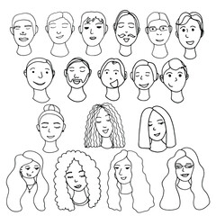  Doodle vector set woman and man face.Hand drawn lineart set isolated on white background.