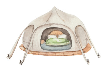 Watercolor element, tourist tent. For decoration of design compositions on the theme of hiking and recreation in the countryside.