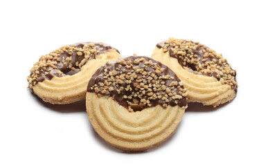 Almond tea biscuits partially covered in chocolate, cookies isolated on white background