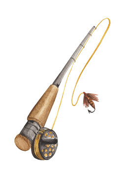 Watercolor element on white background, fishing rod with reel, fly