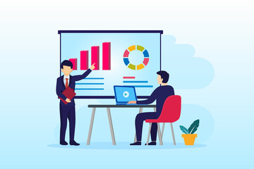 Business Analysis concept, People sitting on desk work with charts and graphic data visualization. landing page website illustration flat vector template.