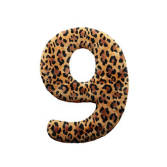 Leopard font digit 9, leopard pattern, 3d render illustration 