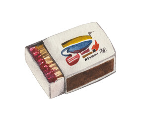 Watercolor element on white background, box of matches. The best way to start a fire at a halt. For decoration of design compositions on the theme of tourism, hiking, outdoor vacations - 434528993