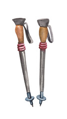 Watercolor element on white background, Nordic walking sticks, climbing mountains and hilly terrain. For decoration of design compositions on the theme of tourism, hiking, outdoor vacations.