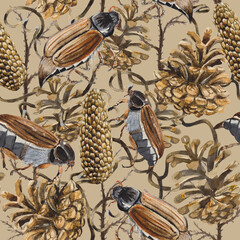 Seamless watercolor pattern from cones of conifers and may beetles. Composition in the style of nonsense without a definite meaning