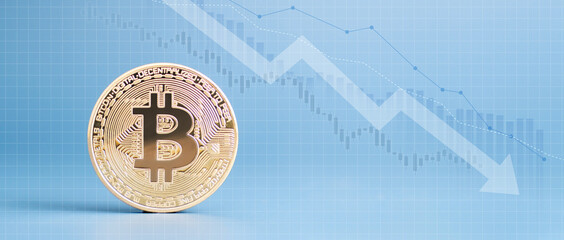 Crypto currency digital asset concept. Close up of spinning golden bitcoin on blue background with...