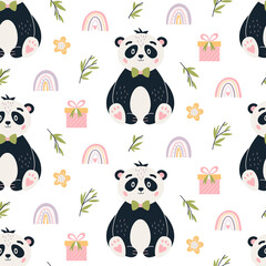 Panda Seamless pattern Cute baby bear vector background