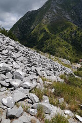 Destruction of the environment in a marble quarry in the Apuan Alps in Tuscany.The extraction of marble in the Apuan quarries produces serious environmental damage. Apuan Alps, Tuscany, Italy. 