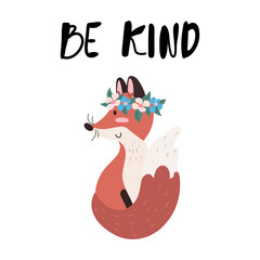 Vector doodle cute baby fox with lettering phrase - Be kind