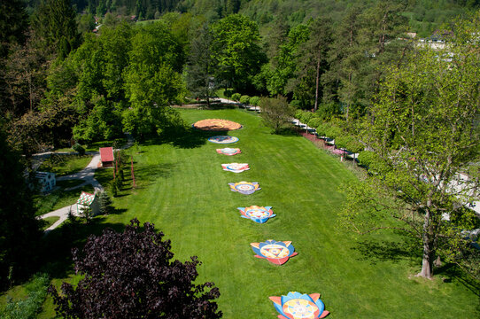 Slovenia, Mozirje park, garden for daily yoga, pictures of chakra system. Place for meditation.