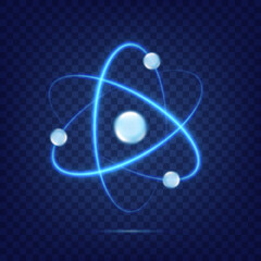 Atom icon isolated on transparent background. Fusion orbit spin. Neon light atomic neutron. Atom blue color. Nuclear atom. 3d cell nucleus. Molecule fusion. Proton core symbol. Ion element. Vector - obrazy, fototapety, plakaty