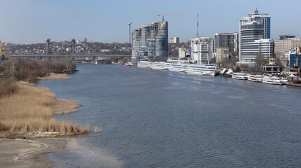 Naklejka premium Tourist ships in the port on the Don river are preparing for summer navigation