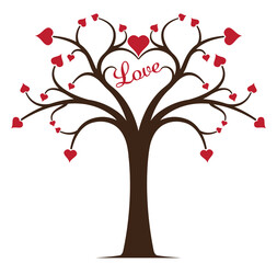 Obraz na płótnie Canvas Vintage tree with branches and little red hearts vector design. Retro invitation element to use for wedding card, invitation, valentine's day cards, love symbol projects.