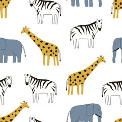 Seamless pattern with cute wild animals giraffe, zebra and elephant on white background. Vector illustration for printing on fabric, packaging paper, postcard, poster. Cute baby background