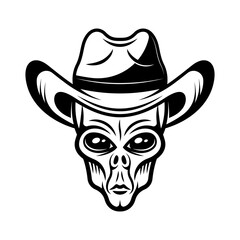 Alien head in cowboy hat vector illustration in monochrome vintage style isolated on white background