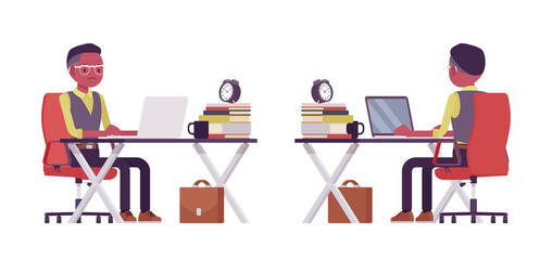 Black businessman, office man working with laptop at the desk. Successful manager, young entrepreneur executive, or owner. Vector flat style cartoon illustration isolated on white background