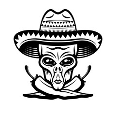 Alien head in sombrero and two crossed chili peppers vector illustration in monochrome style isolated on white background
