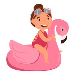 Girl on a rubber ring isolated on a white background. A beautiful girl with pink glasses and hair in a bun sits on an inflatable flamingo. Flamingo, summer, vacation, tropical paradise.