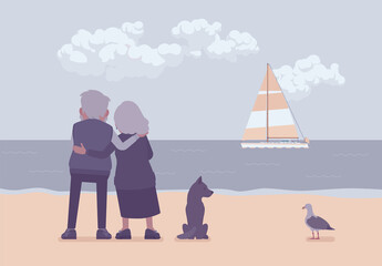 Active seniors, elderly people standing on beach in hug, rear. Couple of older adults enjoying ocean, sea, sailboat view together, romantic reminiscence. Beautiful seascape nature scenery background