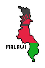 Fototapeta na wymiar Republic of Malawi, 8 bit pixel art african country map with flag isolated on white background. Old school vintage retro 80s, 90s computer, video game graphics. Slot machine design element.