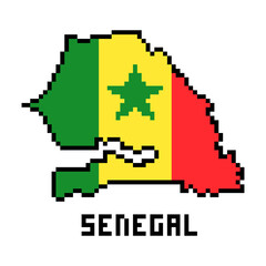 Republic of Senegal, 8 bit pixel art african country map with flag isolated on white background. Old school vintage retro 80s, 90s computer, video game graphics. Slot machine design element.