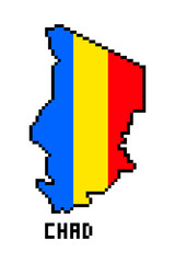 Republic of Chad, 8 bit pixel art african country map with flag isolated on white background. Old school vintage retro 80s, 90s computer, video game graphics. Slot machine design element.