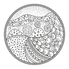 Mandala. Zentangle. Hand drawn circle zendala with abstract patterns on isolation background. Design for spiritual relaxation for adults. Line art creation. Black and white illustration for coloring.