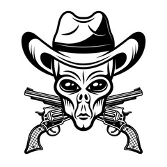 Alien head in cowboy hat and crossed pistols vector illustration in monochrome style isolated on white background