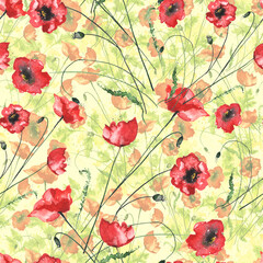 Watercolor Red poppy, branch.Card with Red poppy flowers. Garden flowers.Seamless delicate pattern of bouquets. Summer flowers. Floral seamless background for textile or book covers, fabric, material 