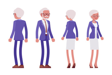 Handsome old man, woman elderly businesspeople in elegant suit full length. Bossy senior manager, gray haired persons above 50 years. Vector flat style cartoon illustration isolated, white background