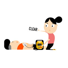A woman is using an AED to help a unconscious man. A AED device advice Shock, Clear person  and a hit a bottom. - obrazy, fototapety, plakaty