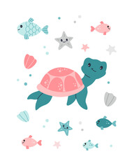 Modern poster with fun smiling turtle and see underwater creatures fish, shell, starfish for nursery, cards or invitation. Hand drawn vector illustration in pastel colors isolated on white background