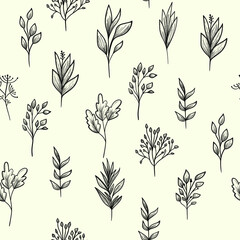 Seamless flowers pattern. Hand drawn. Floral and Nature theme. Thin line sketch. Vector illustration
