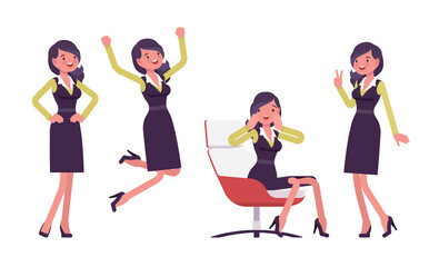 Fototapeta premium Attractive businesswoman, woman in formal black secretary pencil office dress. Successful manager, young entrepreneur, or owner. Vector flat style cartoon illustration isolated on white background