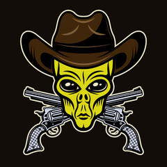 Alien head in cowboy hat and crossed pistols vector illustration in colorful cartoon style isolated on dark background