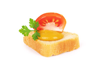 Sandwich with tomatoes, lettuce, and toasted bread. Above view isolated on white background.