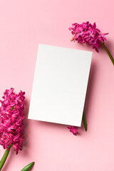 Invitation or greeting card mockup with spring hyacinth flowers on pink paper background