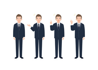 Business man set with professional young male employee or teacher standing in different gestures and pose.  Isolated on white background. Colorful vector illustration in flat style