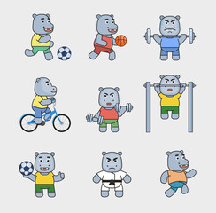Cute hippo in various sports set. Hippopotamus mascot play football, basketball, ride bike, run and show other actions. Modern vector illustration